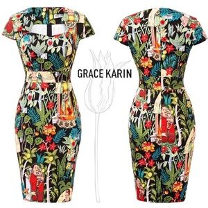 Grace Karin Vintage 1950s Frida Kahlo Knee Length Midi Pin-Up Fitted Pencil